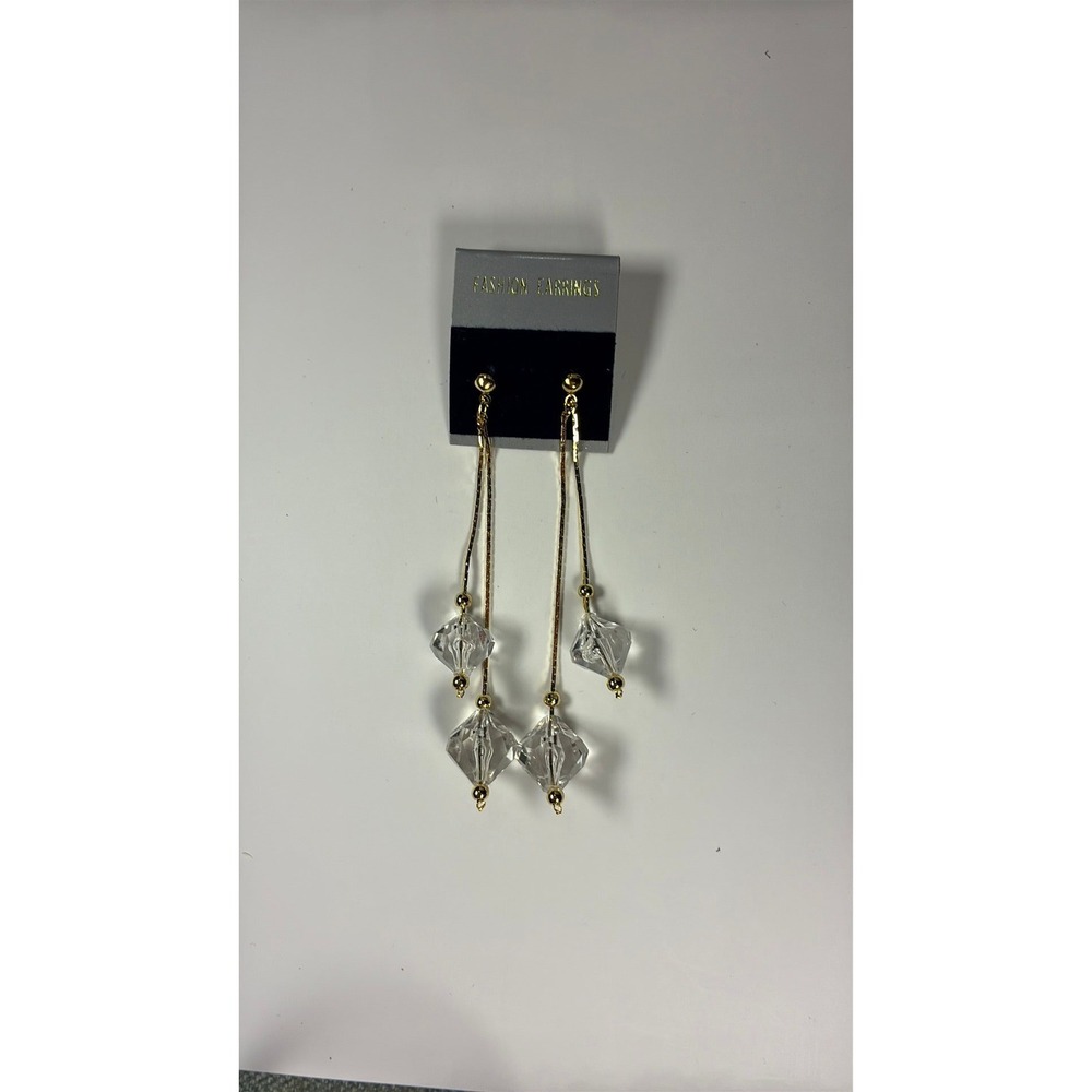 Vintage NOS Gold Tone Clear Crystal Dangle Drop Earrings Geometric Y2K Excellent
